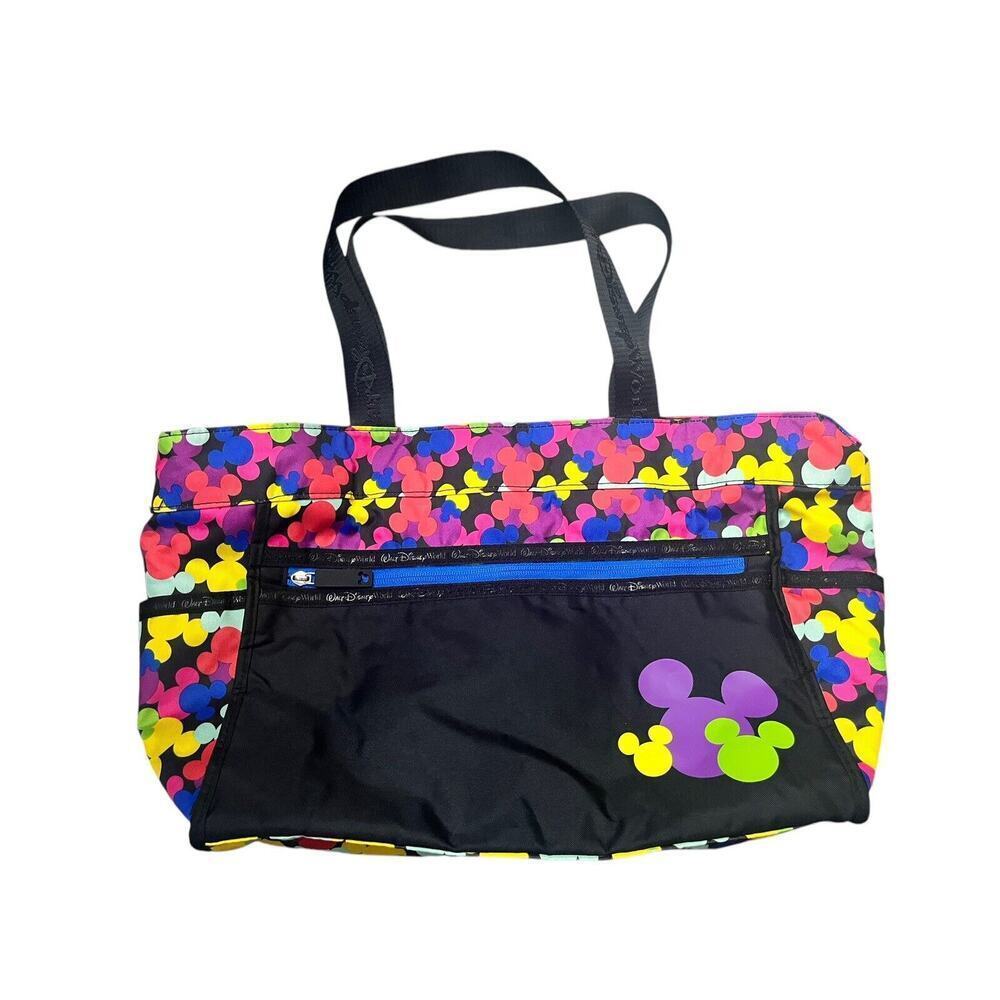Disney Parks Tote Bag Mickey Mouse Icon Colorful Allover Print ZipTop Pockets
